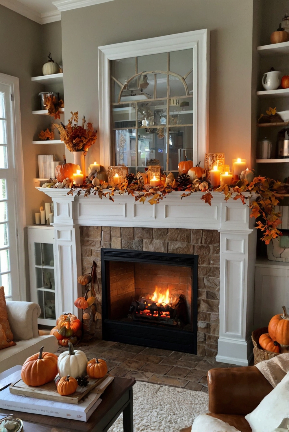 Fall mantel decor, Autumn home decorations, Seasonal fireplace ideas, Cozy living room accents, Elegant hearth designs