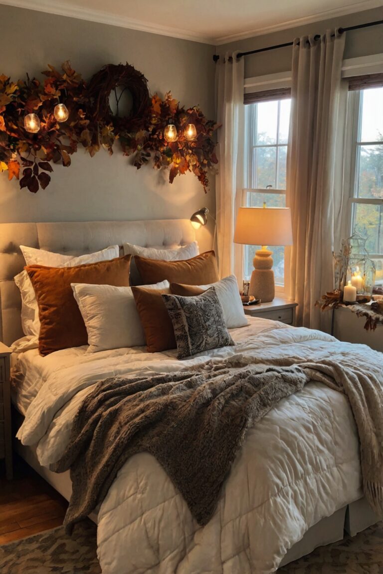 Stylish bedroom decor, Home textiles, Luxury bedding, Velvet accent pillows, Rustic furniture