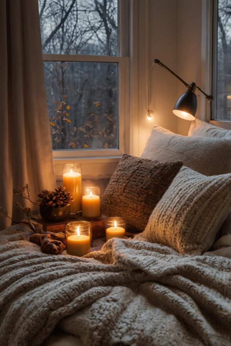 Fall bedroom decor, Cozy bedroom design, Autumn bedroom ideas, Warm bedroom ambiance, Seasonal bedroom makeover