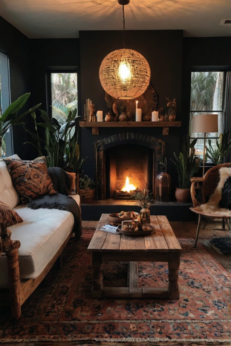 Boho decor, Dark living room, Home renovation, Interior design, Elegant furniture