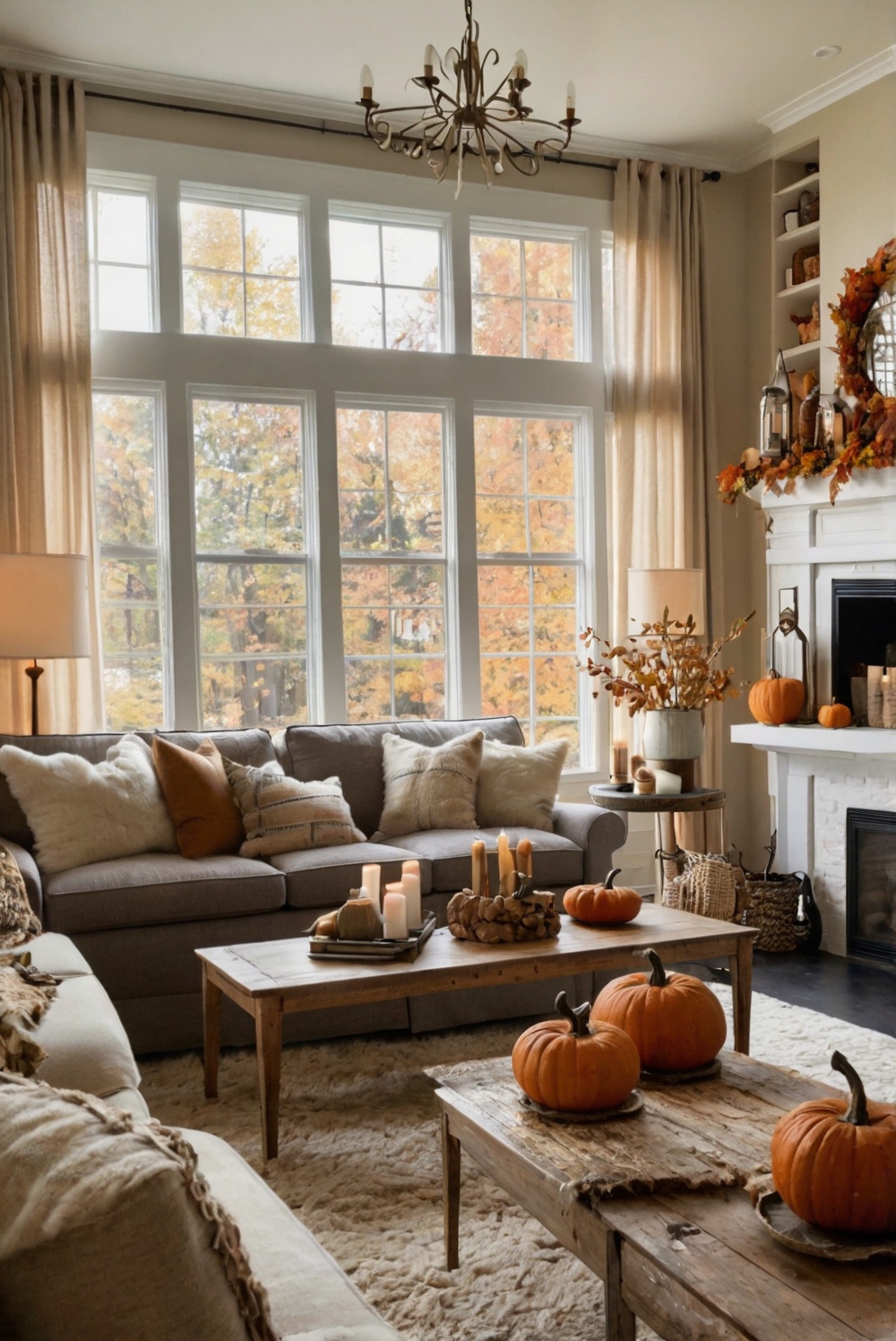 Fall decor living room, home interior design, autumn decorating ideas, cozy living room, seasonal home makeover