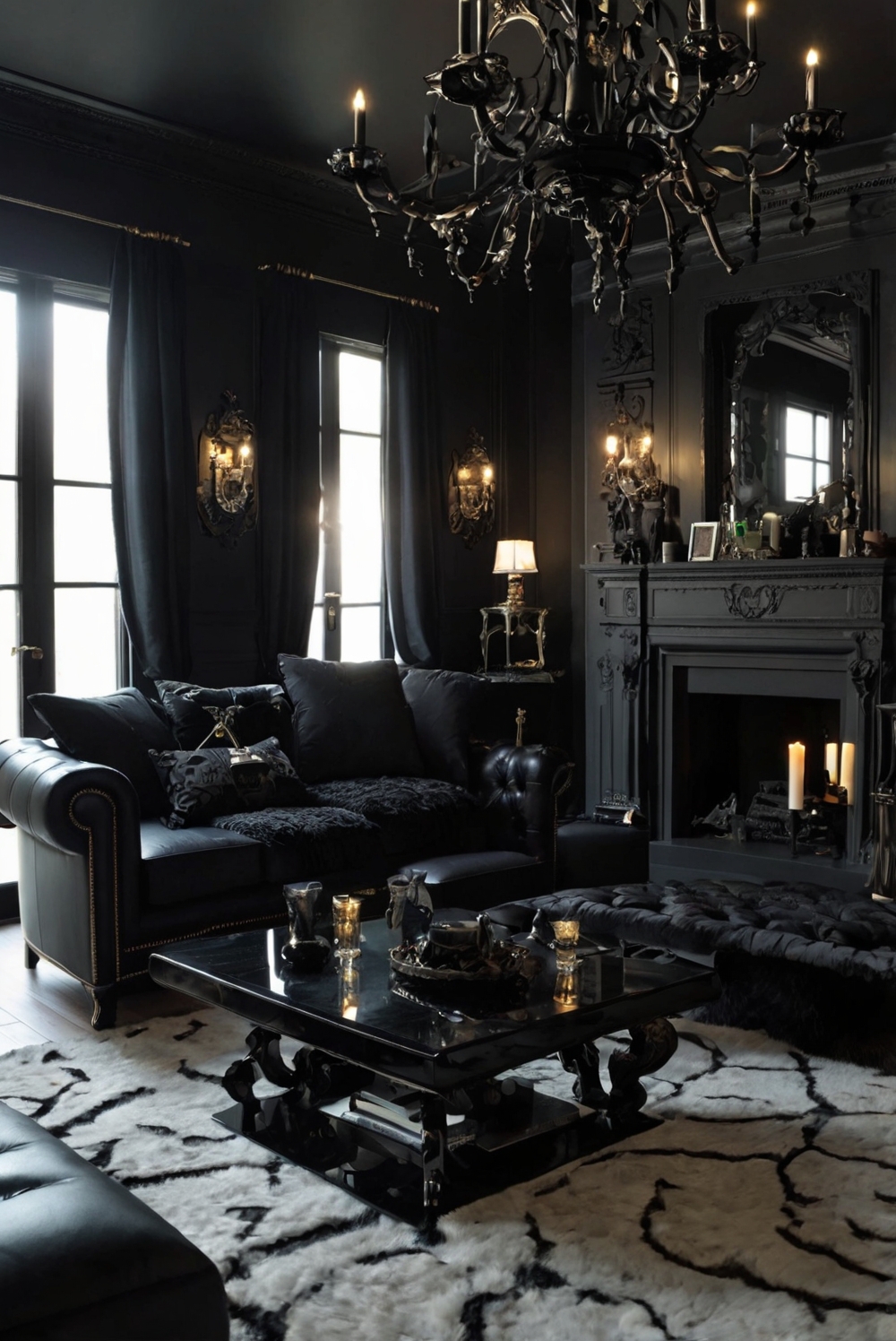 gothic home decor, dark living room ideas, moody interior design, goth style furniture, edgy home accessories