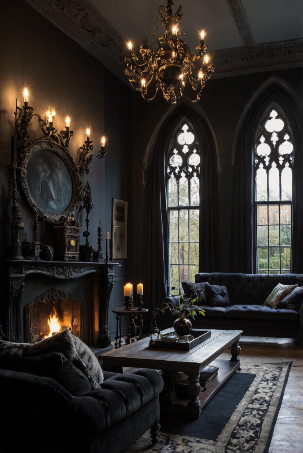 Living room decor, Gothic furniture, Dark home decor, Vintage style, Dramatic interior design