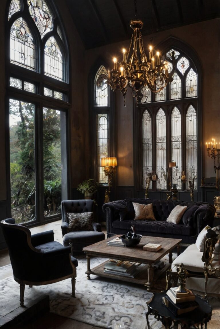 Gothic decor, Elegant furniture, Statement lighting, Luxurious fabrics, Gothic accessories