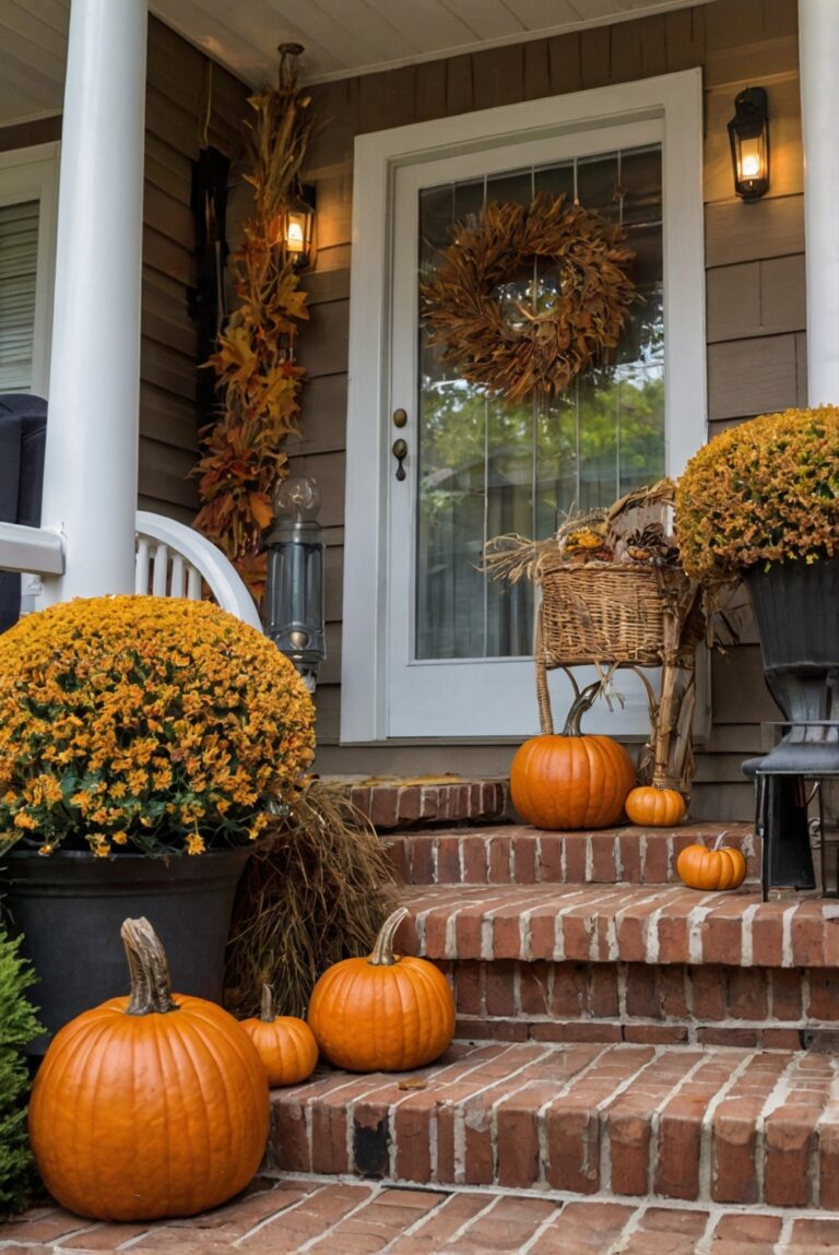 fall porch decor, fall porch displays, outdoor fall decorations, autumn outdoor decor, cozy fall porch.