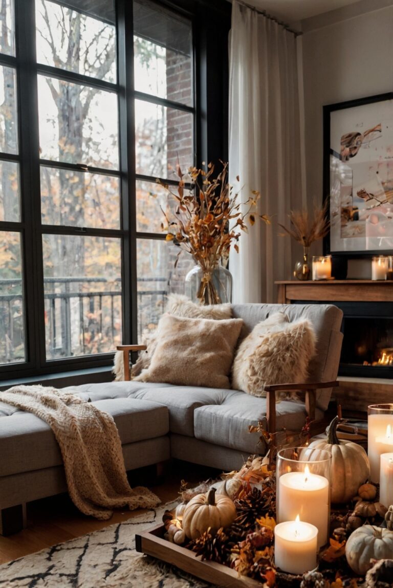 fall apartment decor, fall home inspiration, autumn interior design, cozy apartment decor, seasonal apartment makeover