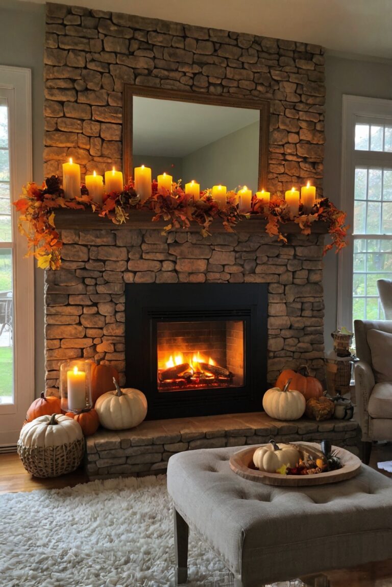 Cozy mantel decor ideas, Fall mantle decorations, Home fireplace design, Autumn mantelpiece styling, Warm living room accents