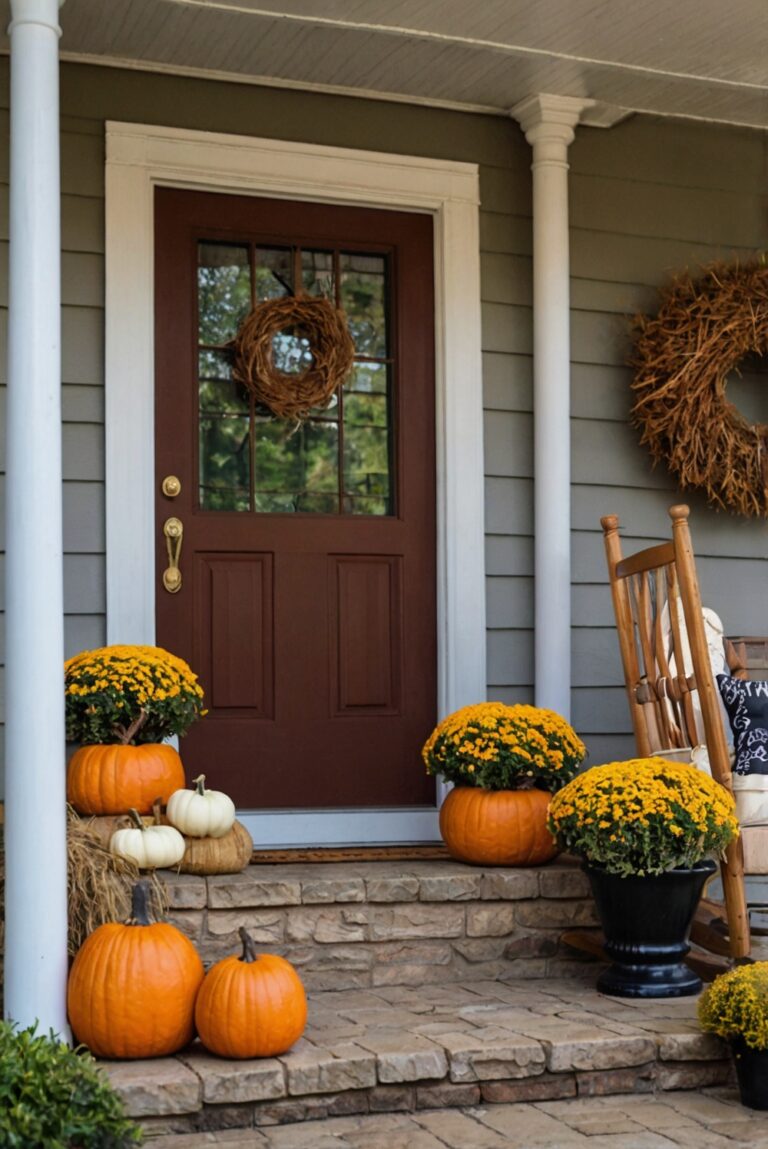 Fall porch decor ideas, Autumn outdoor decorations, Front porch makeover, Seasonal outdoor decor, Fall home accessories