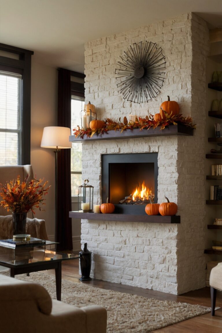 Fall fireplace decor, Fireplace mantle decor, Cozy fire pit design, Rustic hearth decorations, Autumn fireplace accessories