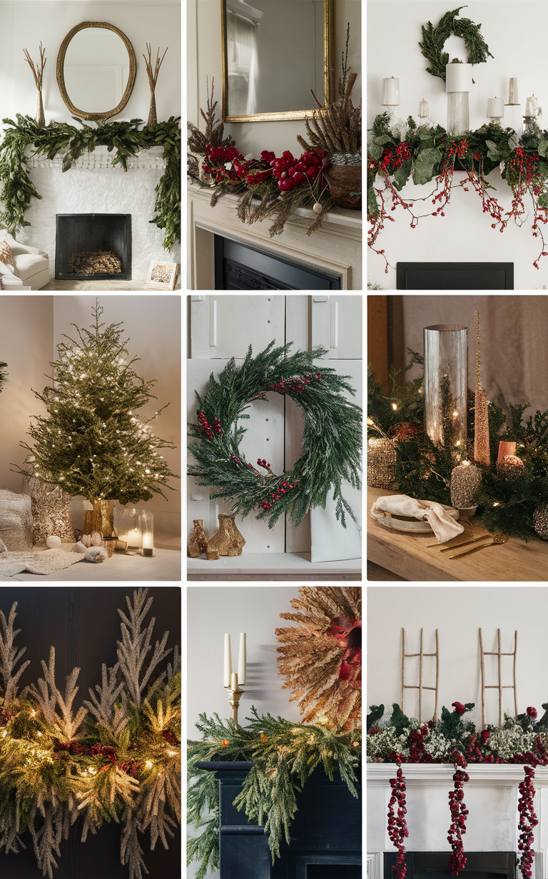 mantel garland ideas, holiday mantel decorations, festive mantel decor, Christmas mantel inspiration, winter mantle decorating