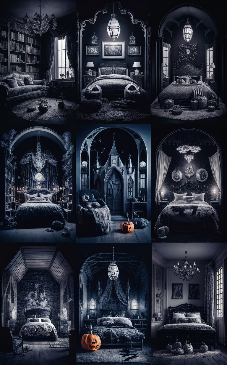 Halloween bedroom decor, Halloween themed room, Black and white bedroom ideas, Spooky bedroom design, Halloween interior design