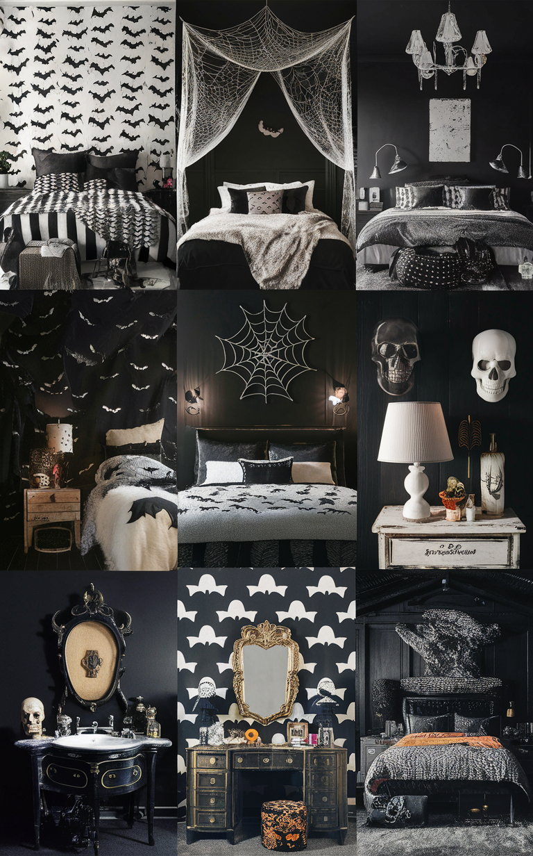 Halloween Decor Ideas, Gothic Bedroom Design, Monochrome Halloween Theme, Spooky Home Decor, Creepy Bedroom Decor