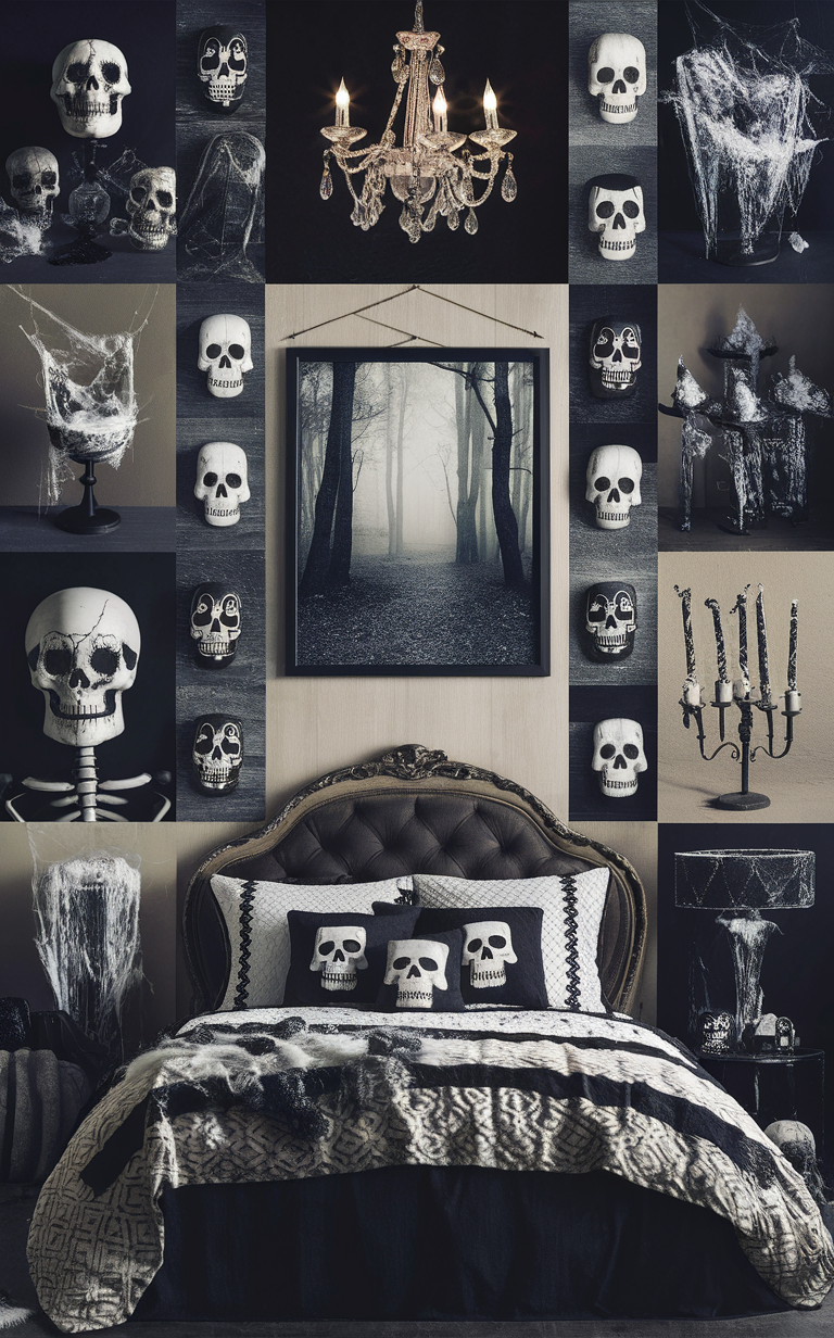 Halloween bedroom decor, Black and white Halloween decor, Halloween room ideas, Monochromatic Halloween decorations, Spooky bedroom decor