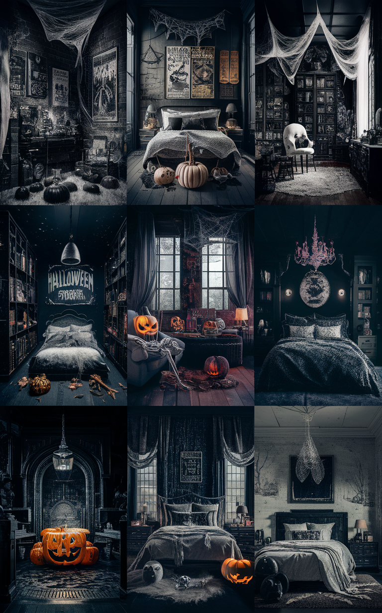 Black and White Halloween decor, Halloween bedroom ideas, Black and White spooky room, Halloween themed bedroom, Halloween inspired room