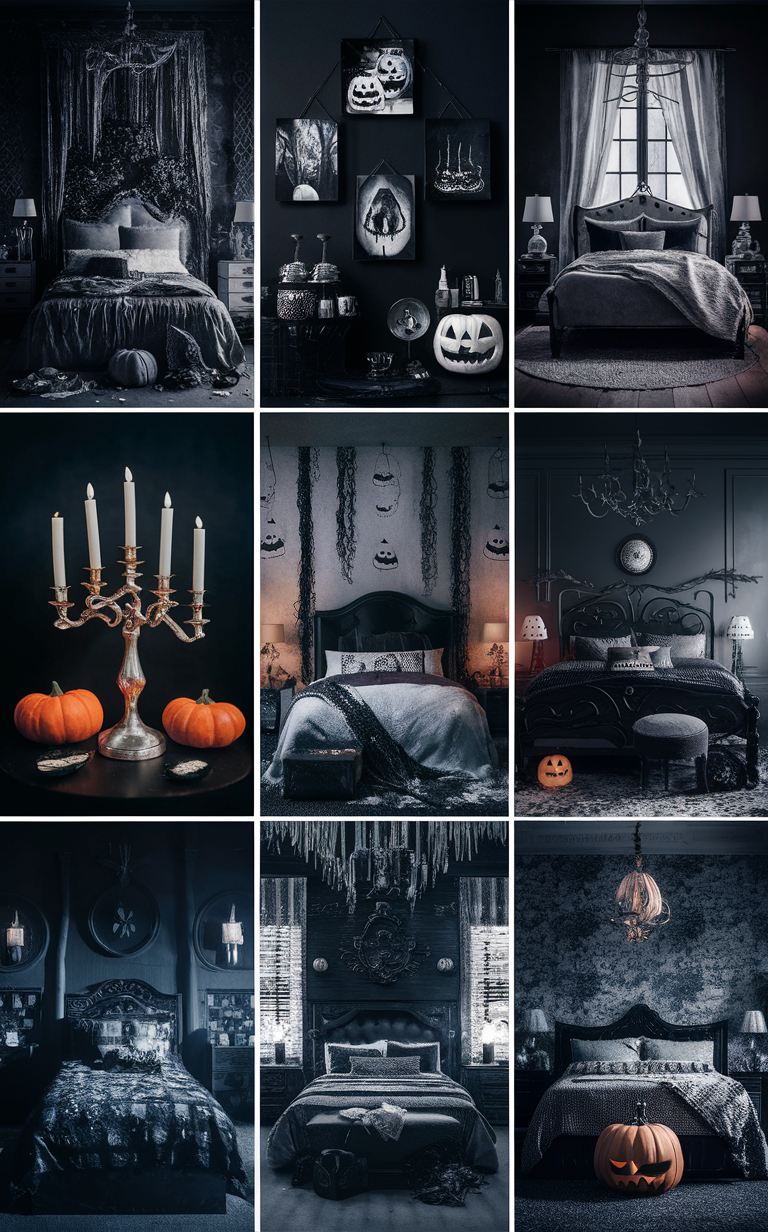 Halloween bedroom decor, Black and white bedroom ideas, Spooky bedroom design, Ghostly bedroom theme, Haunted room inspiration