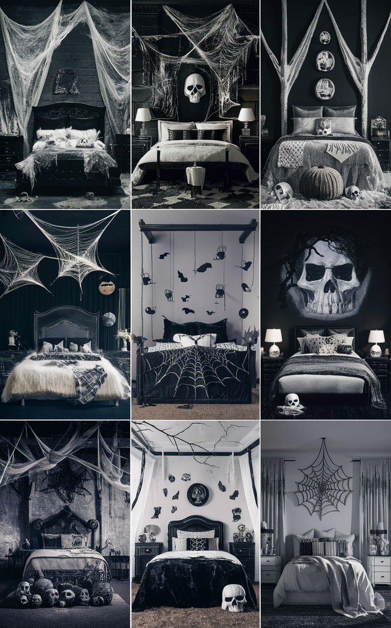 Black and white Halloween decor, Spooky bedroom ideas, Halloween bedroom inspiration, Monochrome Halloween decorations, Stylish Halloween bedroom