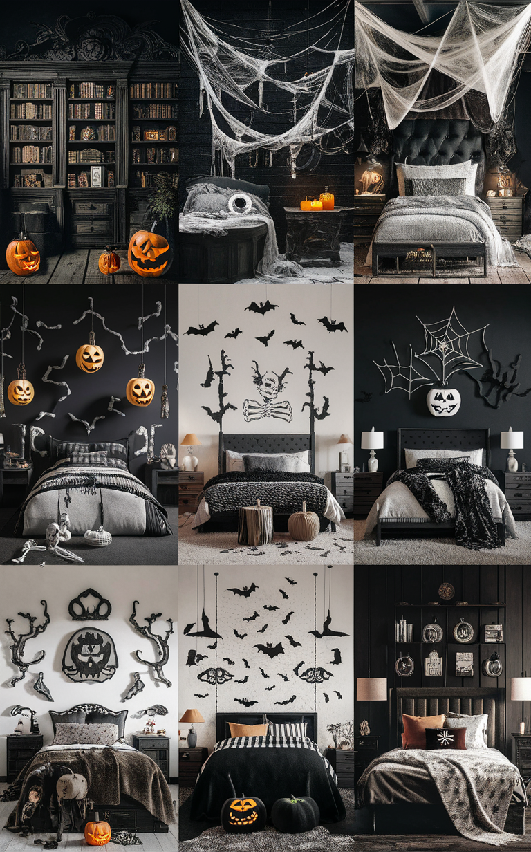 Halloween bedroom decor, Black and white Halloween theme, Halloween bedroom designs, Spooky bedroom ideas, Gothic bedroom inspiration