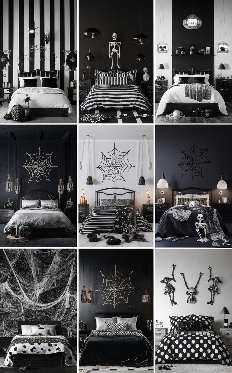 Halloween bedroom decor, Black and white Halloween, Spooky bedroom ideas, Halloween themed room, Stylish Halloween decorations