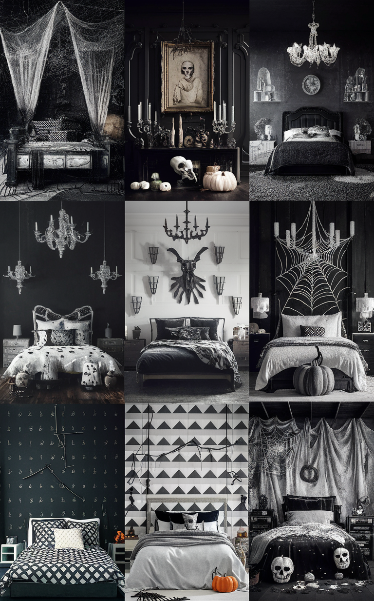 black and white bedroom decor, halloween bedroom ideas, gothic bedroom design, spooky bedroom theme, monochrome room inspiration