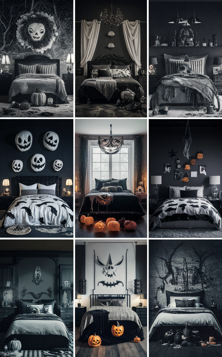 Halloween bedroom decor, Modern Halloween bedroom, Monochrome Halloween decor, Black and white Halloween bedroom, Spooky bedroom design