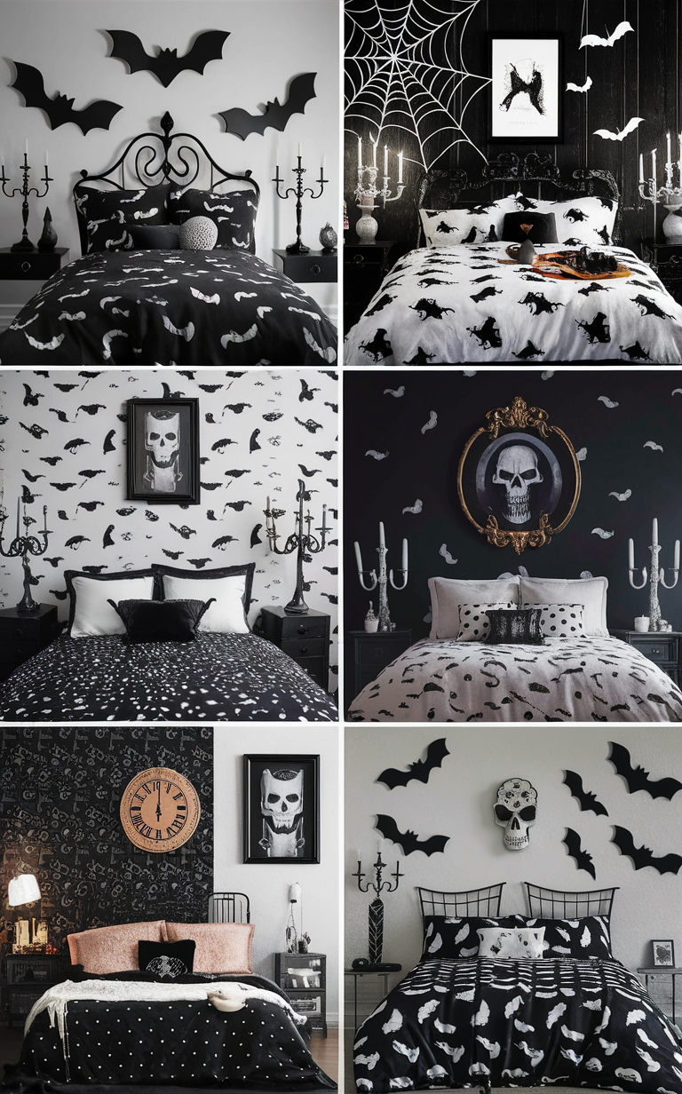 Black and white Halloween decorations, Halloween bedroom decor, Spooky bedroom ideas, Modern Halloween bedroom, Creepy bedroom design