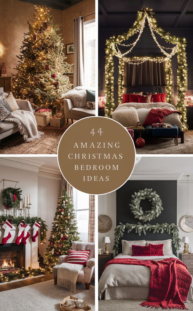 Christmas bedroom decor, holiday bedroom ideas, festive bedroom decorations, winter bedroom inspiration, seasonal bedroom design