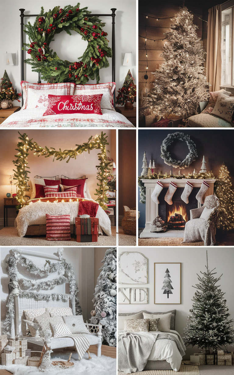 festive bedroom decor, Christmas bedroom inspiration, holiday room decoration, seasonal bedroom design, festive bedroom accessories