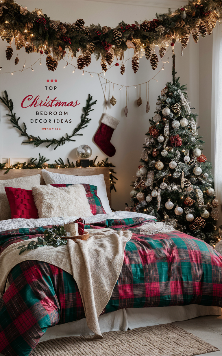 Christmas bedroom decor, cozy holiday decor, winter bedroom decorations, festive bedroom design, holiday-themed bedroom ideas