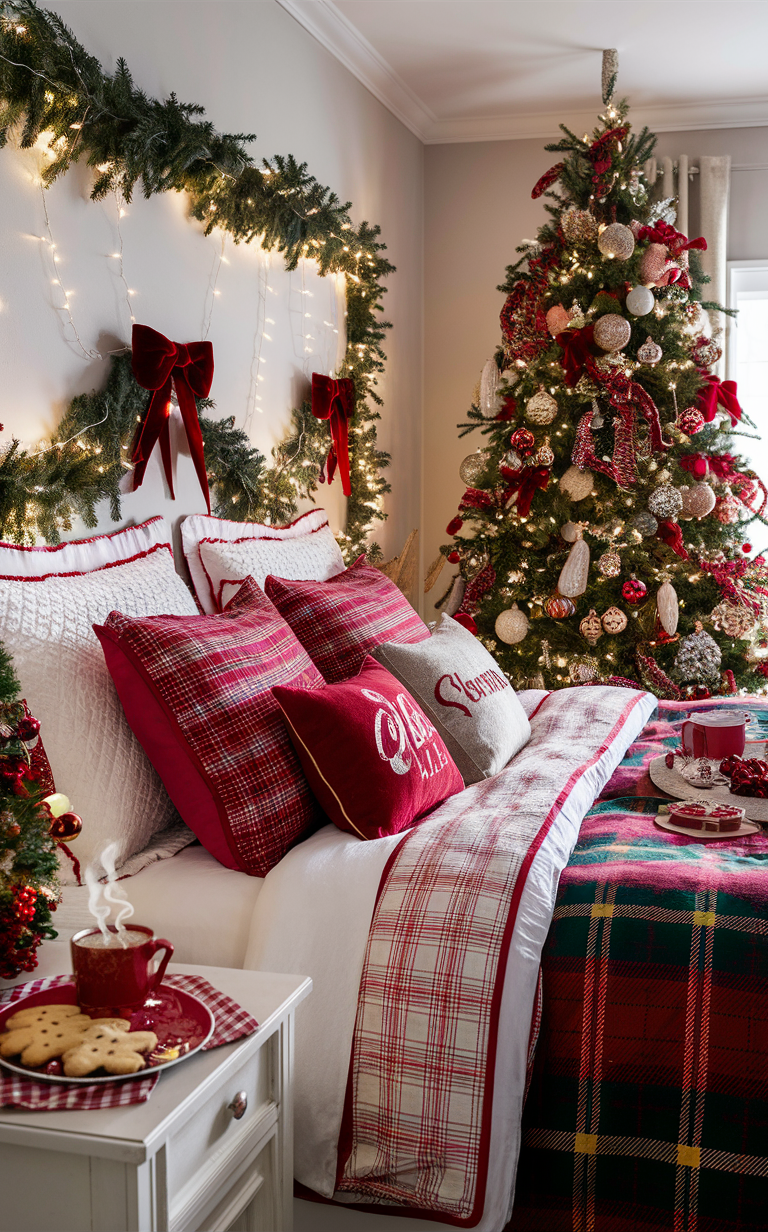 Christmas bedroom decor, holiday bedroom inspiration, festive bedroom design, winter bedroom decorations, cozy Christmas room