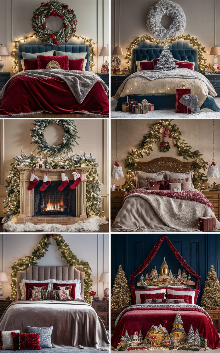 Luxurious bedroom decor, Holiday bedroom decorations, Christmas-themed bedroom, Luxe holiday decor, Festive bedroom design