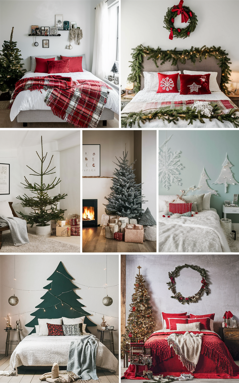 Christmas bedroom decor, holiday bedroom ideas, festive room design, seasonal bedroom decoration, winter interior styling