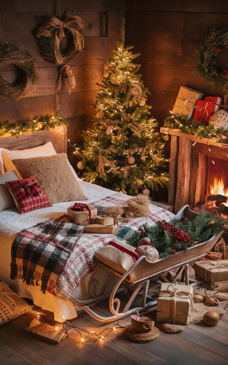 Rustic decor, Christmas bedroom, Farmhouse style, Cozy holiday, Country Christmas