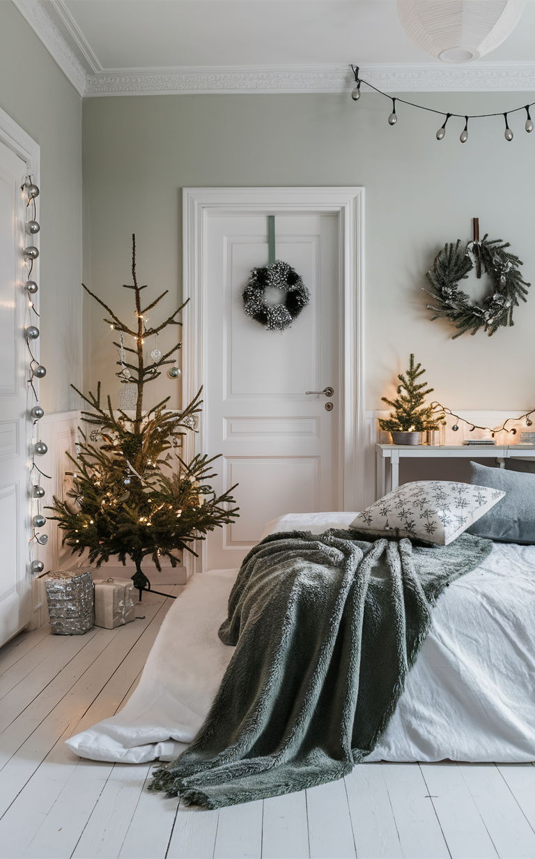 Christmas bedroom decor, Minimalist holiday room, Scandinavian winter, Home interior design, Seasonal cozy accents