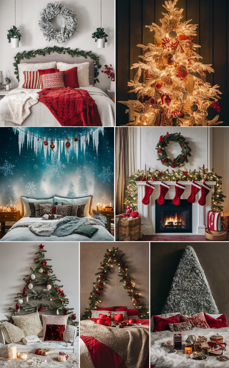 Christmas bedroom decor, luxury Christmas bedding, holiday bedroom decorations, festive bedroom accessories, elegant Christmas interior